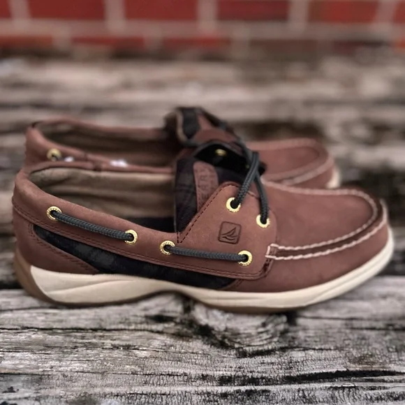 Sperry Top Siders Leather Blue Green Tartan Plaid Women's Boat Shoes Size 6.5 - Picture 1 of 12